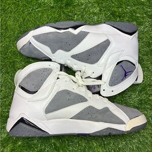 Jordan 7 Retro “Flint” White and Gray Sneakers with Purple Accents